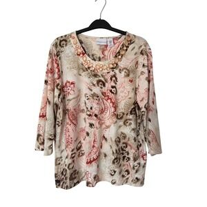 Alfred Dunner Womens Large Paisley Animal Print 3/4 Sleeve Embellished Top Peach